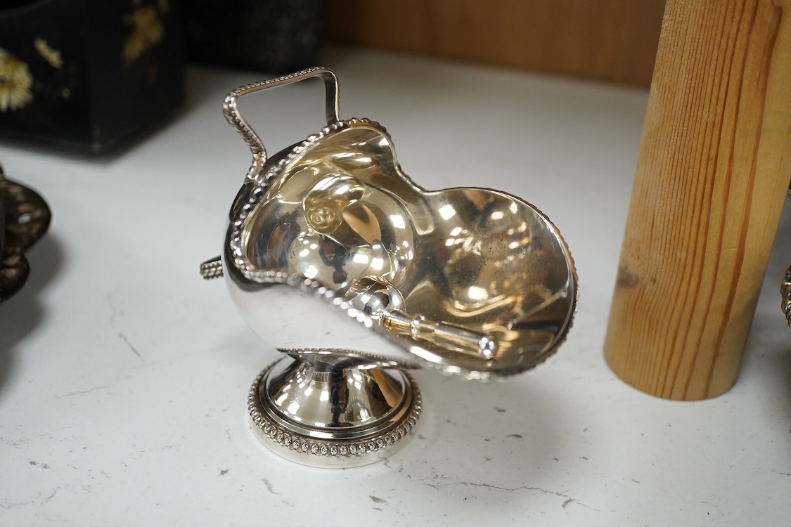 A quantity of plated wares to include two dishes and a cased set of six coffee bean spoons